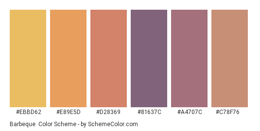 Barbeque - Color scheme palette thumbnail - #EBBD62 #E89E5D #D28369 #81637C #A4707C #C78F76 