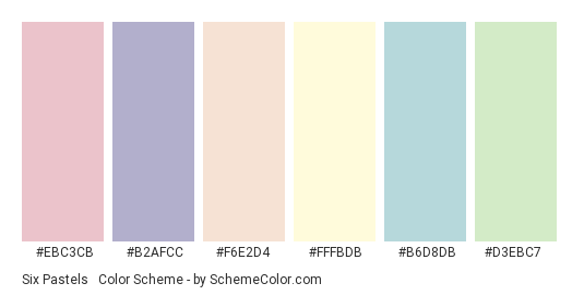Six Pastels #2 - Color scheme palette thumbnail - #EBC3CB #B2AFCC #F6E2D4 #FFFBDB #B6D8DB #D3EBC7 