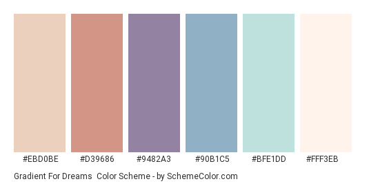 Gradient for Dreams - Color scheme palette thumbnail - #EBD0BE #D39686 #9482A3 #90B1C5 #BFE1DD #FFF3EB 