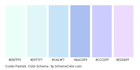Cooler Pastels - Color scheme palette thumbnail - #EBFFF9 #DFF7F7 #C6E4F7 #AAC0F0 #CCCDFF #EDDBFF 