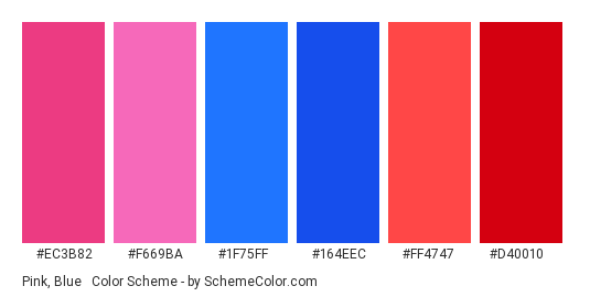 Pink, Blue & Red - Color scheme palette thumbnail - #EC3B82 #F669BA #1F75FF #164EEC #FF4747 #d40010 