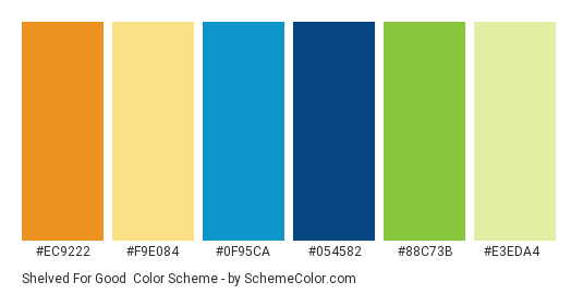 Shelved for Good - Color scheme palette thumbnail - #EC9222 #F9E084 #0F95CA #054582 #88C73B #E3EDA4 
