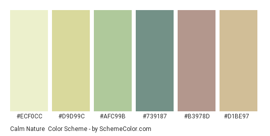 Calm Nature - Color scheme palette thumbnail - #ECF0CC #D9D99C #AFC99B #739187 #B3978D #D1BE97 