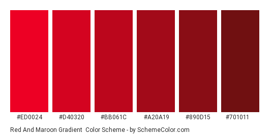 Red and Maroon Gradient - Color scheme palette thumbnail - #ED0024 #D40320 #BB061C #A20A19 #890D15 #701011 