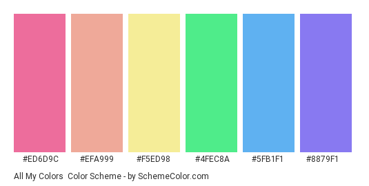 All My Colors - Color scheme palette thumbnail - #ED6D9C #EFA999 #F5ED98 #4FEC8A #5FB1F1 #8879F1 