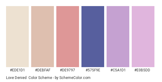 Love Denied - Color scheme palette thumbnail - #EDE1D1 #DEBFAF #DE9797 #575F9E #C5A1D1 #E0B5DD 