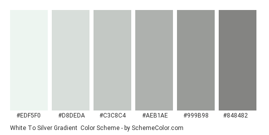 White to Silver Gradient - Color scheme palette thumbnail - #EDF5F0 #D8DEDA #C3C8C4 #AEB1AE #999B98 #848482 