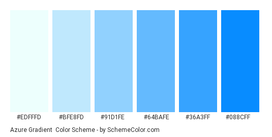 Azure Gradient - Color scheme palette thumbnail - #EDFFFD #BFE8FD #91D1FE #64BAFE #36A3FF #088CFF 