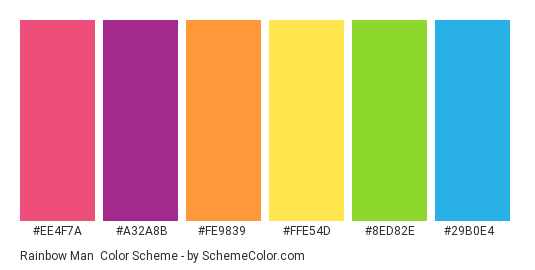 Rainbow Man - Color scheme palette thumbnail - #EE4F7A #A32A8B #FE9839 #FFE54D #8ED82E #29B0E4 