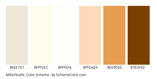 Mille-feuille - Color scheme palette thumbnail - #EEE7D7 #FFFCEC #FFFEFA #FFDAB9 #E69D50 #7B3F00 