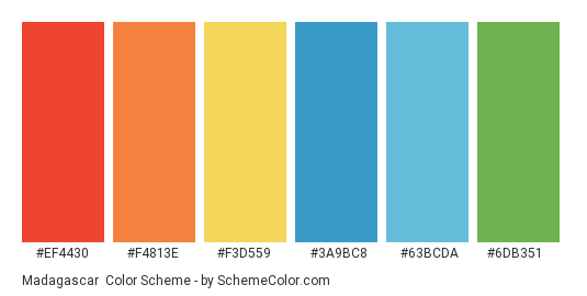 Madagascar - Color scheme palette thumbnail - #EF4430 #F4813E #F3D559 #3A9BC8 #63BCDA #6DB351 