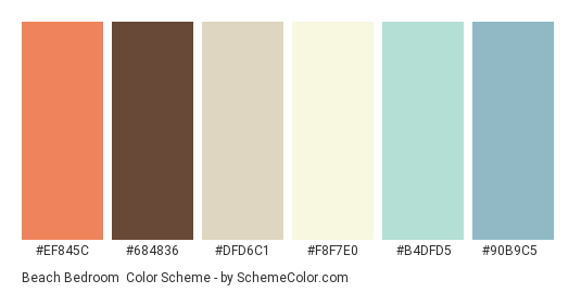 Beach Bedroom - Color scheme palette thumbnail - #EF845C #684836 #DFD6C1 #F8F7E0 #B4DFD5 #90B9C5 