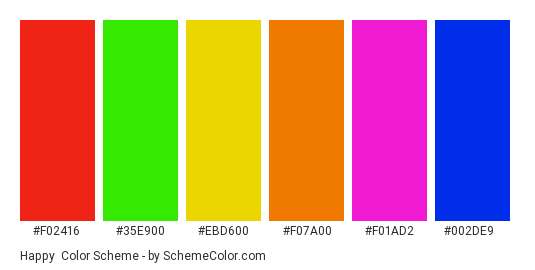 Happy - Color scheme palette thumbnail - #F02416 #35E900 #EBD600 #F07A00 #F01AD2 #002DE9 