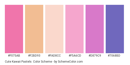Cute Kawaii Pastels - Color scheme palette thumbnail - #F075AB #F2BD93 #FAD8CC #F5A6CD #D879C9 #7068BD 