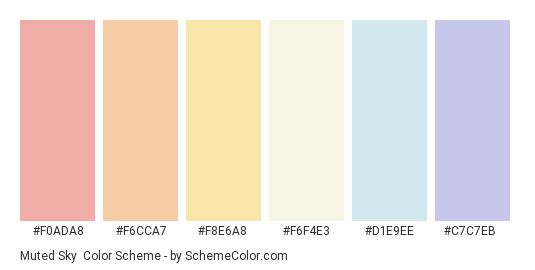 Muted Sky - Color scheme palette thumbnail - #F0ADA8 #F6CCA7 #F8E6A8 #F6F4E3 #D1E9EE #C7C7EB 