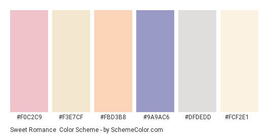 Sweet Romance - Color scheme palette thumbnail - #F0C2C9 #F3E7CF #FBD3B8 #9A9AC6 #DFDEDD #FCF2E1 