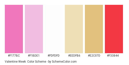 Valentine Week - Color scheme palette thumbnail - #F177BC #F1BDE1 #FDFDFD #EEDFB6 #E2C07D #F33844 
