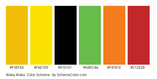 Waka Waka - Color scheme palette thumbnail - #F1BF0A #FAE100 #010101 #68BC4A #F47B1E #C1282B 
