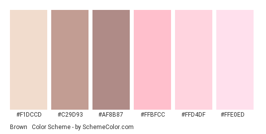 Brown & Pink pastels - Color scheme palette thumbnail - #F1DCCD #C29D93 #AF8B87 #FFBFCC #FFD4DF #FFE0ED 