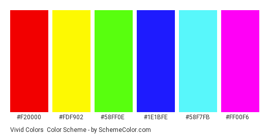 Vivid Colors - Color scheme palette thumbnail - #F20000 #FDF902 #58FF0E #1E1BFE #58F7FB #FF00F6 