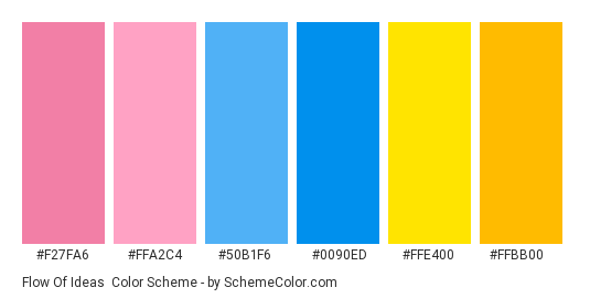 Flow of Ideas - Color scheme palette thumbnail - #F27FA6 #FFA2C4 #50B1F6 #0090ED #FFE400 #FFBB00 