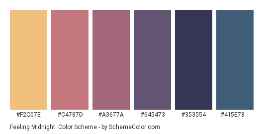 Feeling Midnight - Color scheme palette thumbnail - #F2C07E #C4787D #A3677A #645473 #353554 #415E78 