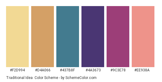 Traditional Idea - Color scheme palette thumbnail - #F2D994 #D4A066 #437B8F #4A3673 #9C3E78 #EE938A 