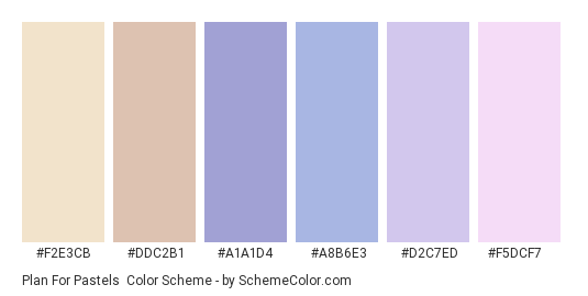 Plan for Pastels - Color scheme palette thumbnail - #F2E3CB #DDC2B1 #A1A1D4 #A8B6E3 #D2C7ED #F5DCF7 