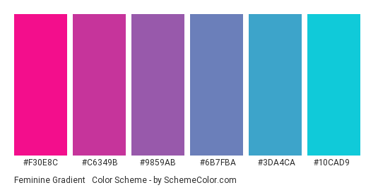 Feminine Gradient #2 - Color scheme palette thumbnail - #F30E8C #C6349B #9859AB #6B7FBA #3DA4CA #10CAD9 