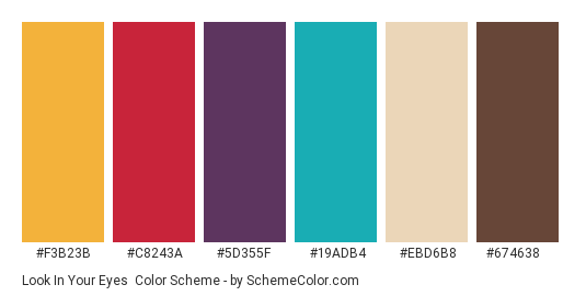 Look In Your Eyes - Color scheme palette thumbnail - #F3B23B #C8243A #5D355F #19ADB4 #EBD6B8 #674638 