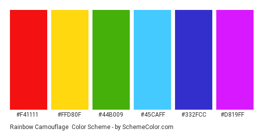 Rainbow Camouflage - Color scheme palette thumbnail - #F41111 #FFD80F #44B009 #45CAFF #332FCC #D819FF 
