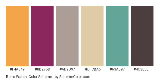 Retro Watch - Color scheme palette thumbnail - #F4A549 #8B275D #AD9D97 #DFCBA6 #63A597 #4C3E3E 