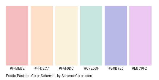 Exotic Pastels - Color scheme palette thumbnail - #F4BEBE #FFDEC7 #FAF0DC #C7E5DF #B8B9E6 #EBC9F2 