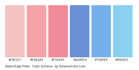 Matte Baby Pinks & Blues - Color scheme palette thumbnail - #F4C2C1 #F4A3A9 #F18A99 #6a8fd4 #75afe9 #89d0f2 
