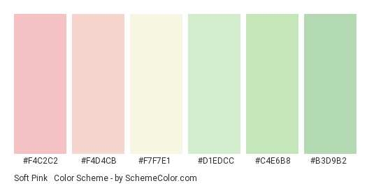 Soft Pink & Green - Color scheme palette thumbnail - #F4C2C2 #F4D4CB #F7F7E1 #D1EDCC #C4E6B8 #B3D9B2 