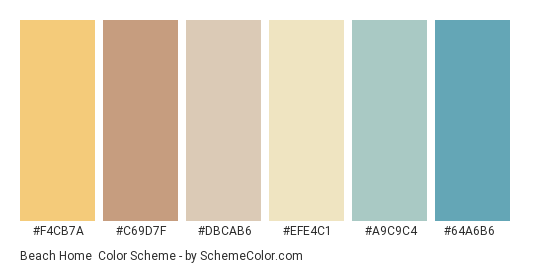 Beach Home - Color scheme palette thumbnail - #F4CB7A #C69D7F #DBCAB6 #EFE4C1 #A9C9C4 #64A6B6 