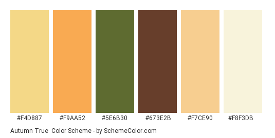 Autumn True - Color scheme palette thumbnail - #F4D887 #F9AA52 #5E6B30 #673E2B #F7CE90 #F8F3DB 