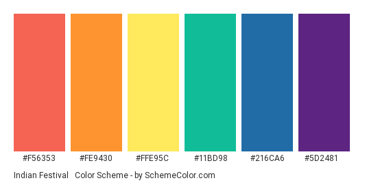 Indian Festival #2 - Color scheme palette thumbnail - #F56353 #FE9430 #FFE95C #11BD98 #216CA6 #5D2481 