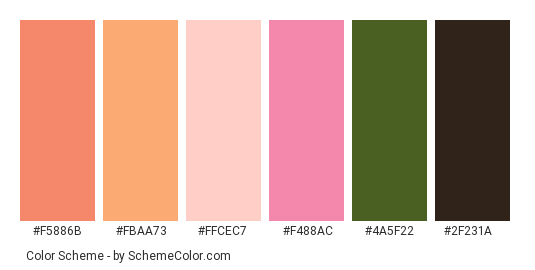 Roses with Coffee - Color scheme palette thumbnail - #F5886B #FBAA73 #FFCEC7 #F488AC #4A5F22 #2F231A 