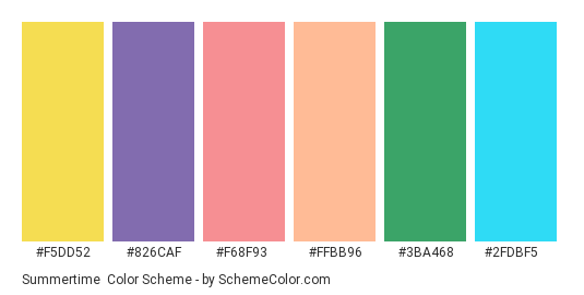 Summertime - Color scheme palette thumbnail - #F5DD52 #826CAF #F68F93 #FFBB96 #3BA468 #2FDBF5 