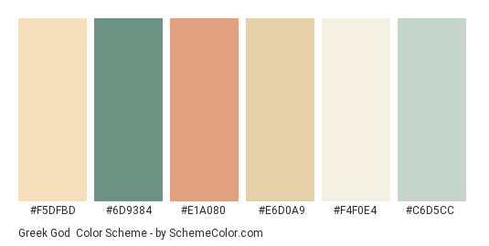 Greek God - Color scheme palette thumbnail - #F5DFBD #6D9384 #E1A080 #E6D0A9 #F4F0E4 #C6D5CC 