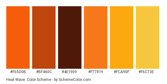 Heat Wave - Color scheme palette thumbnail - #F65D0B #BF460C #4E1909 #F77819 #FCA90F #F6C73E 
