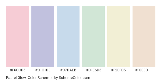 Pastel Glow - Color scheme palette thumbnail - #F6CCD5 #C1C1DE #C7DAEB #D1E6D6 #F2EFD5 #F0E0D1 