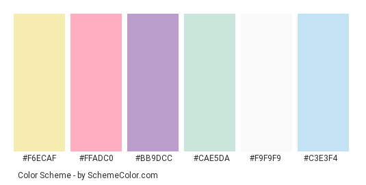 Pastel Cupcake - Color scheme palette thumbnail - #F6ECAF #FFADC0 #BB9DCC #CAE5DA #F9F9F9 #C3E3F4 