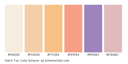 Feel It Too - Color scheme palette thumbnail - #F6EDDE #F3CEA8 #F7C084 #F69F84 #9F83BC #E1BABC 