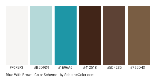 Blue With Brown - Color scheme palette thumbnail - #F6F5F3 #B5D9D9 #1E96A6 #412518 #5D4235 #795D43 