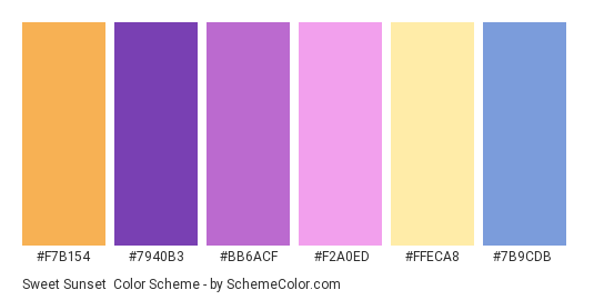 Sweet Sunset - Color scheme palette thumbnail - #F7B154 #7940B3 #BB6ACF #F2A0ED #FFECA8 #7B9CDB 