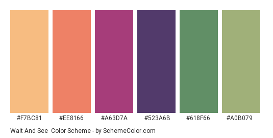 Wait and See - Color scheme palette thumbnail - #F7BC81 #EE8166 #A63D7A #523A6B #618F66 #A0B079 