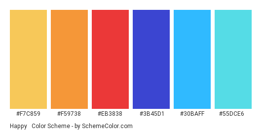 Happy & Trippy - Color scheme palette thumbnail - #F7C859 #F59738 #EB3838 #3B45D1 #30BAFF #55DCE6 