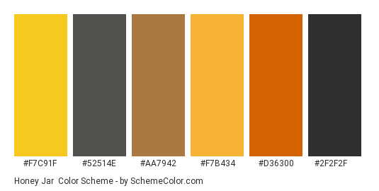 Honey Jar - Color scheme palette thumbnail - #F7C91F #52514E #AA7942 #F7B434 #D36300 #2F2F2F 
